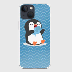 Чехол для iPhone 13 mini с принтом Пингвин в Петрозаводске,  |  | ест рыбу | морские | океан | пингвин | пингвинчик | рыба | рыбку