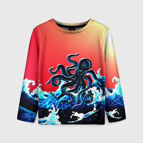 Детский лонгслив 3D с принтом Кракен в Море | Градиент в Петрозаводске, 100% полиэстер | длинные рукава, круглый вырез горловины, полуприлегающий силуэт
 | Тематика изображения на принте: animal | beast | fade | kraken | monster | moon | ocean | octopus | sea | water | waves | вода | волны | градиент | животные | звери | кракен | луна | монстр | море | океан | осьминог | рыбы | щупальца