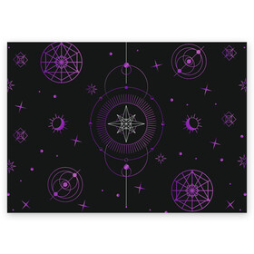 Поздравительная открытка с принтом Астрология в Петрозаводске, 100% бумага | плотность бумаги 280 г/м2, матовая, на обратной стороне линовка и место для марки
 | астрология | глаз | гороскоп | звезды | лавандовый | лиловый | луна | оккультный глаз | пиктограмма | пиктограммы | руны | солнце | фиолетовый | черный и золотой | эзотерика