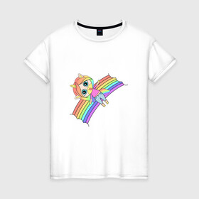 Женская футболка хлопок с принтом Единорожка на радуге в Петрозаводске, 100% хлопок | прямой крой, круглый вырез горловины, длина до линии бедер, слегка спущенное плечо | rainbow | unicorn | единорог | единорожка | радуга | яркая радуга | яркий принт