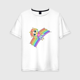 Женская футболка хлопок Oversize с принтом Единорожка на радуге в Петрозаводске, 100% хлопок | свободный крой, круглый ворот, спущенный рукав, длина до линии бедер
 | rainbow | unicorn | единорог | единорожка | радуга | яркая радуга | яркий принт