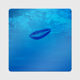 Магнит виниловый Квадрат с принтом Одинокая Лодка в Петрозаводске, полимерный материал с магнитным слоем | размер 9*9 см, закругленные углы | Тематика изображения на принте: лодка | морское | на синем | одинокая лодка | судно