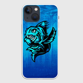 Чехол для iPhone 13 mini с принтом Пиранья в Петрозаводске,  |  | Тематика изображения на принте: fish | piranha | живность | морская | на синем | пиранья | рыба