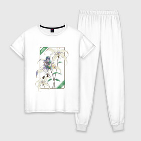 Женская пижама хлопок с принтом Венти и Сессилии в Петрозаводске, 100% хлопок | брюки и футболка прямого кроя, без карманов, на брюках мягкая резинка на поясе и по низу штанин | арт | архонт ветра | барбатос | белая лилия | белые лилии | белые цветы | белый цветок | бог ветра | венти | дух ветра | лилии | лилия | милый парень | рисунок | сессилия