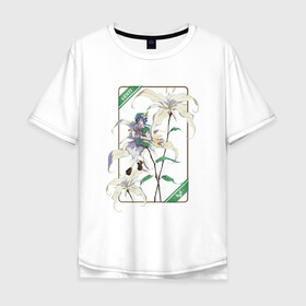 Мужская футболка хлопок Oversize с принтом Венти и Сессилии в Петрозаводске, 100% хлопок | свободный крой, круглый ворот, “спинка” длиннее передней части | арт | архонт ветра | барбатос | белая лилия | белые лилии | белые цветы | белый цветок | бог ветра | венти | дух ветра | лилии | лилия | милый парень | рисунок | сессилия