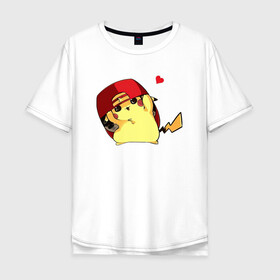 Мужская футболка хлопок Oversize с принтом Пикачу под бейсболкой в Петрозаводске, 100% хлопок | свободный крой, круглый ворот, “спинка” длиннее передней части | anime | picachu | pikachu | аниме | милый | пика | пикачу | покебол | покемон