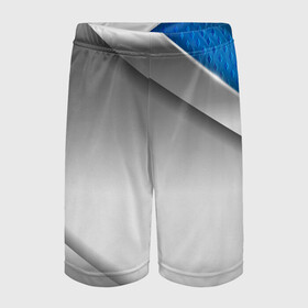 Детские спортивные шорты 3D с принтом 3D СЕРЕБРО BLUE LINES в Петрозаводске,  100% полиэстер
 | пояс оформлен широкой мягкой резинкой, ткань тянется
 | Тематика изображения на принте: 3d | 3д | sport | абстракция | линии | паттерн | соты | спортивный стиль | текстуры