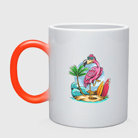 Кружка хамелеон с принтом Отдыхаю как фламинго в Петрозаводске, керамика | меняет цвет при нагревании, емкость 330 мл | море | океан | отдых | отпуск | пальмы | путешествие | серфинг | фламинго