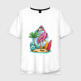 Мужская футболка хлопок Oversize с принтом Отдыхаю как фламинго в Петрозаводске, 100% хлопок | свободный крой, круглый ворот, “спинка” длиннее передней части | море | океан | отдых | отпуск | пальмы | путешествие | серфинг | фламинго