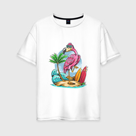 Женская футболка хлопок Oversize с принтом Отдыхаю как фламинго в Петрозаводске, 100% хлопок | свободный крой, круглый ворот, спущенный рукав, длина до линии бедер
 | море | океан | отдых | отпуск | пальмы | путешествие | серфинг | фламинго