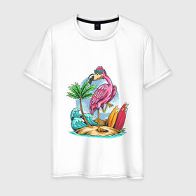 Мужская футболка хлопок с принтом Отдыхаю как фламинго в Петрозаводске, 100% хлопок | прямой крой, круглый вырез горловины, длина до линии бедер, слегка спущенное плечо. | море | океан | отдых | отпуск | пальмы | путешествие | серфинг | фламинго