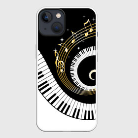 Чехол для iPhone 13 с принтом МУЗЫКАЛЬНЫЙ УЗОР в Петрозаводске,  |  | black and white | gold | music | notes | piano | звуки | золото | клавиши | красота | музыка | ноты | рояль | спираль | узор | черно белое