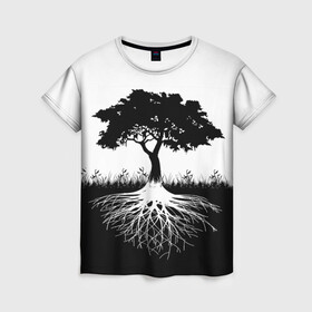 Женская футболка 3D с принтом ДЕРЕВО ИНЬ-ЯНЬ в Петрозаводске, 100% полиэфир ( синтетическое хлопкоподобное полотно) | прямой крой, круглый вырез горловины, длина до линии бедер | blackwhite | evil | tree | дерево | добро | зло | инь янь | корни | лес | листья | природа | саванна | узор | черно белое