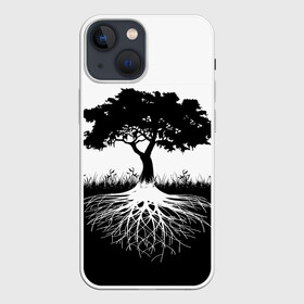 Чехол для iPhone 13 mini с принтом ДЕРЕВО ИНЬ ЯНЬ в Петрозаводске,  |  | blackwhite | evil | tree | дерево | добро | зло | инь янь | корни | лес | листья | природа | саванна | узор | черно белое