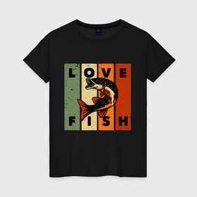 Женская футболка хлопок с принтом Love fish Люблю рыбу  в Петрозаводске, 100% хлопок | прямой крой, круглый вырез горловины, длина до линии бедер, слегка спущенное плечо | Тематика изображения на принте: angler | bait | big | fish | fisherman | fishermen | fishing | fishing rod | fly fishing | funny fishing | outdoors | trout | для рыбака | отдых | природа | рыба | рыбак | рыбаку | рыбалка | северная щука | туризм | туристиче