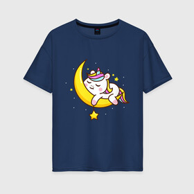 Женская футболка хлопок Oversize с принтом Милый единорог спит на луне в Петрозаводске, 100% хлопок | свободный крой, круглый ворот, спущенный рукав, длина до линии бедер
 | cute | funny | pony | rainbow | unicorn | единорог | единорожка | милый | пони | радуга