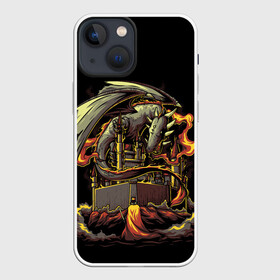 Чехол для iPhone 13 mini с принтом БИТВА С ДРАКОНОМ в Петрозаводске,  |  | battle | dragon | fantasy | fire | king | knight | битва | дракон | дым | замок | зверь | король | огонь | рыцарь | фэнтези