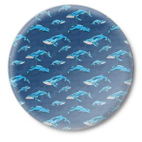 Значок с принтом Киты на синем в Петрозаводске,  металл | круглая форма, металлическая застежка в виде булавки | whale | кит | киты | море | на синем | паттерн