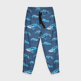Детские брюки 3D с принтом Киты на синем в Петрозаводске, 100% полиэстер | манжеты по низу, эластичный пояс регулируется шнурком, по бокам два кармана без застежек, внутренняя часть кармана из мелкой сетки | whale | кит | киты | море | на синем | паттерн