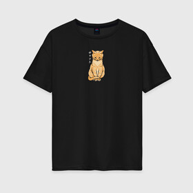 Женская футболка хлопок Oversize с принтом Serenity Cat в Петрозаводске, 100% хлопок | свободный крой, круглый ворот, спущенный рукав, длина до линии бедер
 | Тематика изображения на принте: животное | звери | иероглифы | кот | кошка | надпись на японском | питомец | спокойствие