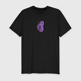 Мужская футболка хлопок Slim с принтом Purple heart в Петрозаводске, 92% хлопок, 8% лайкра | приталенный силуэт, круглый вырез ворота, длина до линии бедра, короткий рукав | Тематика изображения на принте: анатомия | иероглифы | надпись на японском | орган | сердце | человек