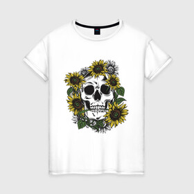 Женская футболка хлопок с принтом Мой стиль - подсолнух в Петрозаводске, 100% хлопок | прямой крой, круглый вырез горловины, длина до линии бедер, слегка спущенное плечо | skull | подсолнух | романтика | цветок | череп