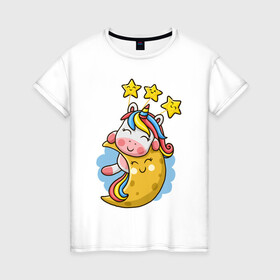 Женская футболка хлопок с принтом Единорог на луне в Петрозаводске, 100% хлопок | прямой крой, круглый вырез горловины, длина до линии бедер, слегка спущенное плечо | cute | funny | moon | pony | rainbow | unicorn | единорог | единорожка | звездочки | луна | милый | пони | радуга