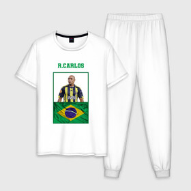 Мужская пижама хлопок с принтом Роберто Карлос (Roberto Carlos в Петрозаводске, 100% хлопок | брюки и футболка прямого кроя, без карманов, на брюках мягкая резинка на поясе и по низу штанин
 | роберто карлос | сборная бразилии | флаг бразилии | футболист | футбольная форма