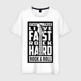 Мужская футболка хлопок с принтом Rock and Roll в Петрозаводске, 100% хлопок | прямой крой, круглый вырез горловины, длина до линии бедер, слегка спущенное плечо. | live fast rock hard | rock and roll | гитара | гитара на черном фоне | музыка | надписи