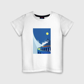 Детская футболка хлопок с принтом паровозик в Петрозаводске, 100% хлопок | круглый вырез горловины, полуприлегающий силуэт, длина до линии бедер | гора | минимализм | мостик | паровозик | синее небо | снег | солнышко