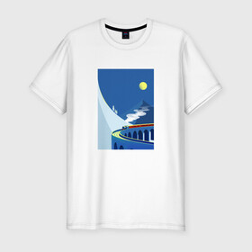 Мужская футболка хлопок Slim с принтом паровозик в Петрозаводске, 92% хлопок, 8% лайкра | приталенный силуэт, круглый вырез ворота, длина до линии бедра, короткий рукав | гора | минимализм | мостик | паровозик | синее небо | снег | солнышко