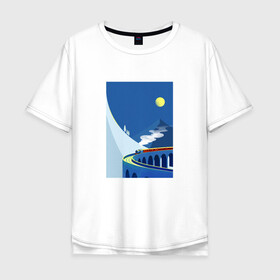 Мужская футболка хлопок Oversize с принтом паровозик в Петрозаводске, 100% хлопок | свободный крой, круглый ворот, “спинка” длиннее передней части | Тематика изображения на принте: гора | минимализм | мостик | паровозик | синее небо | снег | солнышко