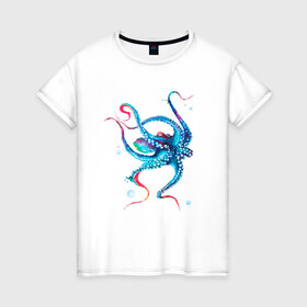 Женская футболка хлопок с принтом Осьминог акварель в Петрозаводске, 100% хлопок | прямой крой, круглый вырез горловины, длина до линии бедер, слегка спущенное плечо | cute | octopus | акварель | милый | осьминог | осьминожка | тентакли