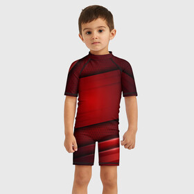 Детский купальный костюм 3D с принтом 3D red Абстрактные линии в Петрозаводске, Полиэстер 85%, Спандекс 15% | застежка на молнии на спине | 3d | 3д | sport | абстракция | линии | паттерн | соты | спортивный стиль | текстуры