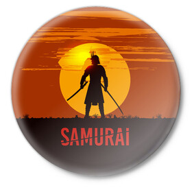Значок с принтом САМУРАЙ в Петрозаводске,  металл | круглая форма, металлическая застежка в виде булавки | Тематика изображения на принте: samurai | бусидо | военные | дайсё | закат | самурай | феодал | япония