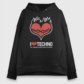 Женское худи Oversize хлопок с принтом I love techno в Петрозаводске, френч-терри — 70% хлопок, 30% полиэстер. Мягкий теплый начес внутри —100% хлопок | боковые карманы, эластичные манжеты и нижняя кромка, капюшон на магнитной кнопке | i love techno | love | techno | техно | я люблю техно