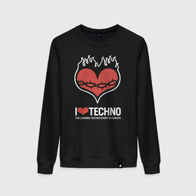 Женский свитшот хлопок с принтом I love techno в Петрозаводске, 100% хлопок | прямой крой, круглый вырез, на манжетах и по низу широкая трикотажная резинка  | i love techno | love | techno | техно | я люблю техно