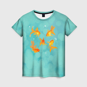 Женская футболка 3D с принтом Золотые рыбки в Петрозаводске, 100% полиэфир ( синтетическое хлопкоподобное полотно) | прямой крой, круглый вырез горловины, длина до линии бедер | fish | желание | золотая | золотая рыбка | золотые | море | на голубом | океан | рыба | рыбка | рыбки