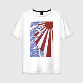 Женская футболка хлопок Oversize с принтом Волна и солнце в Канагаве в Петрозаводске, 100% хлопок | свободный крой, круглый ворот, спущенный рукав, длина до линии бедер
 | japan | japanese style | ninja | samurai | shinobi | the great wave off kanagawa | большая волна в канагаве | иероглифы | канагава | киото | осака | самурай | токио | японист | япония | японский стиль | японский флаг | японское солнце
