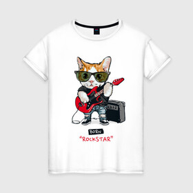 Женская футболка хлопок с принтом КРУТОЙ КОТ ГИТАРИСТ в Петрозаводске, 100% хлопок | прямой крой, круглый вырез горловины, длина до линии бедер, слегка спущенное плечо | and | cat | cats | cute | funny | guitar | heavy | kitten | kitty | meow | metal | music | n | pet | playing | rock | roll | star | гитара | гитарист | кот | котик | коты | кошка | кошки | крутой | музыка | рок