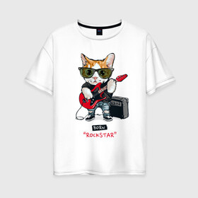 Женская футболка хлопок Oversize с принтом КРУТОЙ КОТ ГИТАРИСТ в Петрозаводске, 100% хлопок | свободный крой, круглый ворот, спущенный рукав, длина до линии бедер
 | and | cat | cats | cute | funny | guitar | heavy | kitten | kitty | meow | metal | music | n | pet | playing | rock | roll | star | гитара | гитарист | кот | котик | коты | кошка | кошки | крутой | музыка | рок
