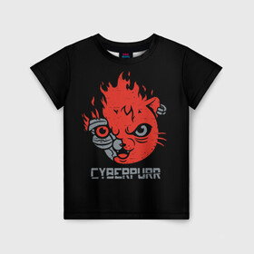 Детская футболка 3D с принтом СYBERPURR в Петрозаводске, 100% гипоаллергенный полиэфир | прямой крой, круглый вырез горловины, длина до линии бедер, чуть спущенное плечо, ткань немного тянется | 2077 | animal | cat | cyber | cyberpunk | fire | flame | future | neon | purr | technology | будущее | демон | животное | кибер | кот | кошка | микросхема | мур | мурлыкать | нейроны | неон | огонь | очки | свечение | технологии | шлем