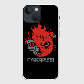 Чехол для iPhone 13 mini с принтом СYBERPURR в Петрозаводске,  |  | 2077 | animal | cat | cyber | cyberpunk | fire | flame | future | neon | purr | technology | будущее | демон | животное | кибер | кот | кошка | микросхема | мур | мурлыкать | нейроны | неон | огонь | очки | свечение | технологии | шлем