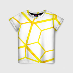 Детская футболка 3D с принтом Hexagon в Петрозаводске, 100% гипоаллергенный полиэфир | прямой крой, круглый вырез горловины, длина до линии бедер, чуть спущенное плечо, ткань немного тянется | hexagon | high tech | lines | sun | yellow | линии | многоугольник | насыщенный желтый | паутина | солнце | хай тек | шестиугольник | яркий