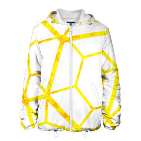 Мужская куртка 3D с принтом Hexagon в Петрозаводске, ткань верха — 100% полиэстер, подклад — флис | прямой крой, подол и капюшон оформлены резинкой с фиксаторами, два кармана без застежек по бокам, один большой потайной карман на груди. Карман на груди застегивается на липучку | hexagon | high tech | lines | sun | yellow | линии | многоугольник | насыщенный желтый | паутина | солнце | хай тек | шестиугольник | яркий