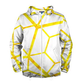Мужская ветровка 3D с принтом Hexagon в Петрозаводске, 100% полиэстер | подол и капюшон оформлены резинкой с фиксаторами, два кармана без застежек по бокам, один потайной карман на груди | hexagon | high tech | lines | sun | yellow | линии | многоугольник | насыщенный желтый | паутина | солнце | хай тек | шестиугольник | яркий