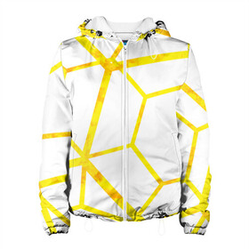 Женская куртка 3D с принтом Hexagon в Петрозаводске, ткань верха — 100% полиэстер, подклад — флис | прямой крой, подол и капюшон оформлены резинкой с фиксаторами, два кармана без застежек по бокам, один большой потайной карман на груди. Карман на груди застегивается на липучку | hexagon | high tech | lines | sun | yellow | линии | многоугольник | насыщенный желтый | паутина | солнце | хай тек | шестиугольник | яркий