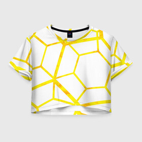 Женская футболка Crop-top 3D с принтом Hexagon в Петрозаводске, 100% полиэстер | круглая горловина, длина футболки до линии талии, рукава с отворотами | hexagon | high tech | lines | sun | yellow | линии | многоугольник | насыщенный желтый | паутина | солнце | хай тек | шестиугольник | яркий