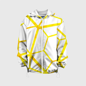 Детская куртка 3D с принтом Hexagon в Петрозаводске, 100% полиэстер | застежка — молния, подол и капюшон оформлены резинкой с фиксаторами, по бокам — два кармана без застежек, один потайной карман на груди, плотность верхнего слоя — 90 г/м2; плотность флисового подклада — 260 г/м2 | hexagon | high tech | lines | sun | yellow | линии | многоугольник | насыщенный желтый | паутина | солнце | хай тек | шестиугольник | яркий