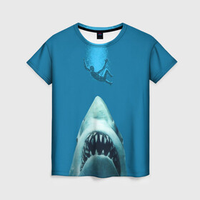 Женская футболка 3D с принтом Челюсти в Петрозаводске, 100% полиэфир ( синтетическое хлопкоподобное полотно) | прямой крой, круглый вырез горловины, длина до линии бедер | акула | океан | опасность | хоррор | челюсти